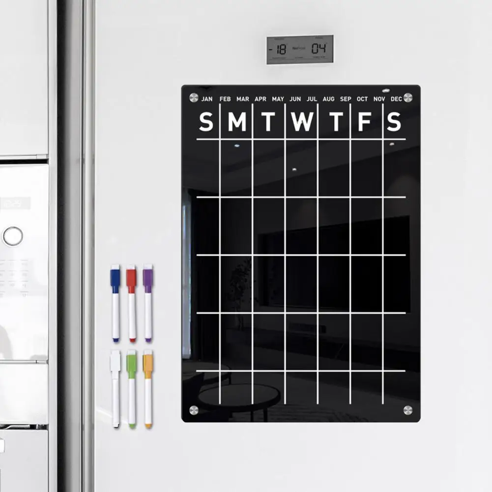 Kids Schedule Black Calendar Weekly Planner Whiteboard with Magnetic Fridge Acrylic Board Black Text 6 Markers Easy Reading