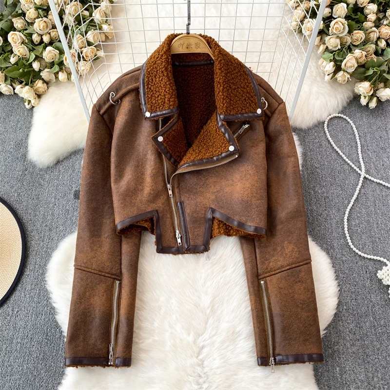 

Autumn Winter Women Irregular Hem Faux Fur Leather Coat Turndown Collar Long Sleeve Zipper Cuff Biker Jacket Streetwear Fashion