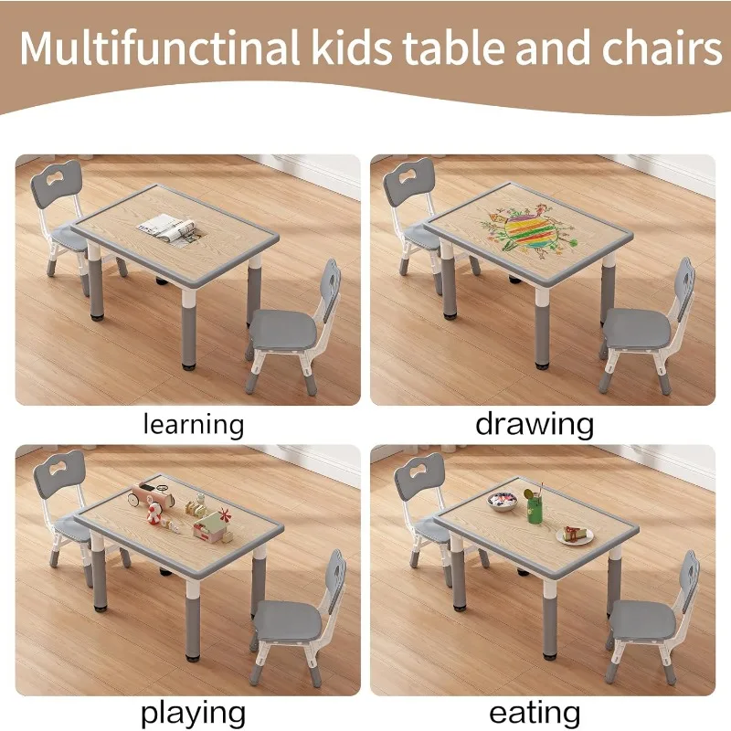 Toddler Table and 2 Chairs, Kids Table and Chair Set Height Adjustable, 31.5''L x 23.6''W Multifunctional Kids for Reading