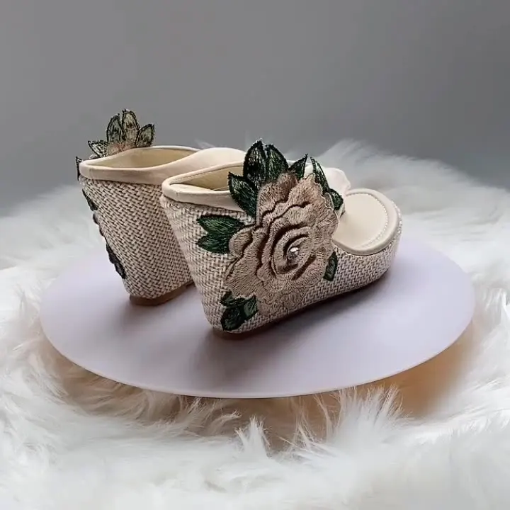 

Shoes Slippers Heels Summer Clogs Woman On A Wedge Rubber Flip Flops Slides Platform High Beach Hawaiian Fabric Fretwork TPR PU