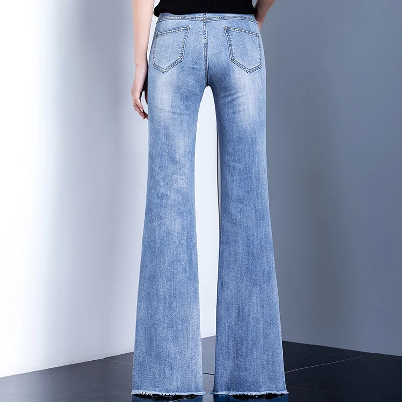 Korea Fashion High Waist Flare Jeans Light Blue Denim Trousers Long Pants  Lady Spring Single-Breasted Side Slit Slim Jeans Women