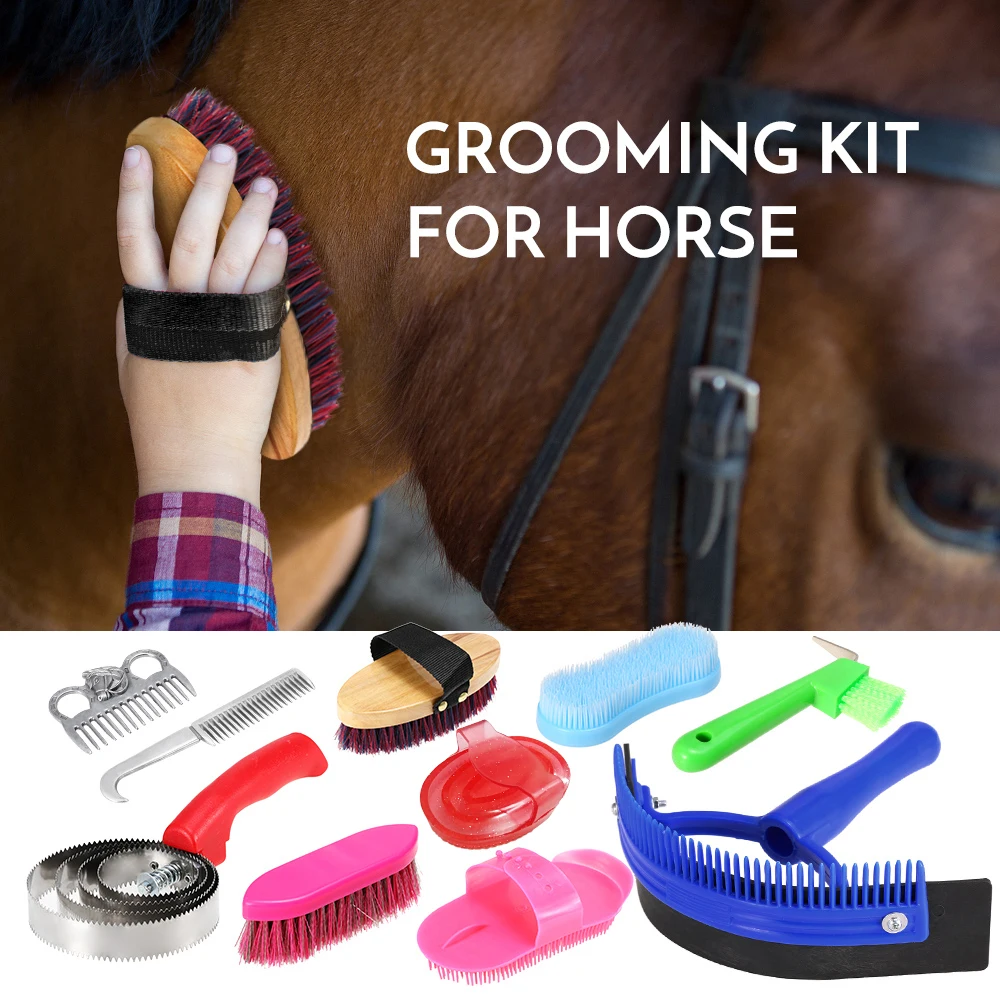 10-IN-1 Horse Grooming Tool Set Cleaning Kit Mane Tail Comb Massage Curry  Brush Sweat Scraper Hoof Pick Curry Comb Scrubber