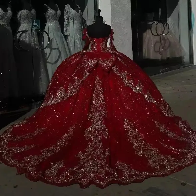 Red Long Sleeves Princess Quinceanera Dresses Gold Lace Appliqued Birthday Vestidos De 15 A&ntilde;os Quincea&ntilde;eras Sweet 15 Customized