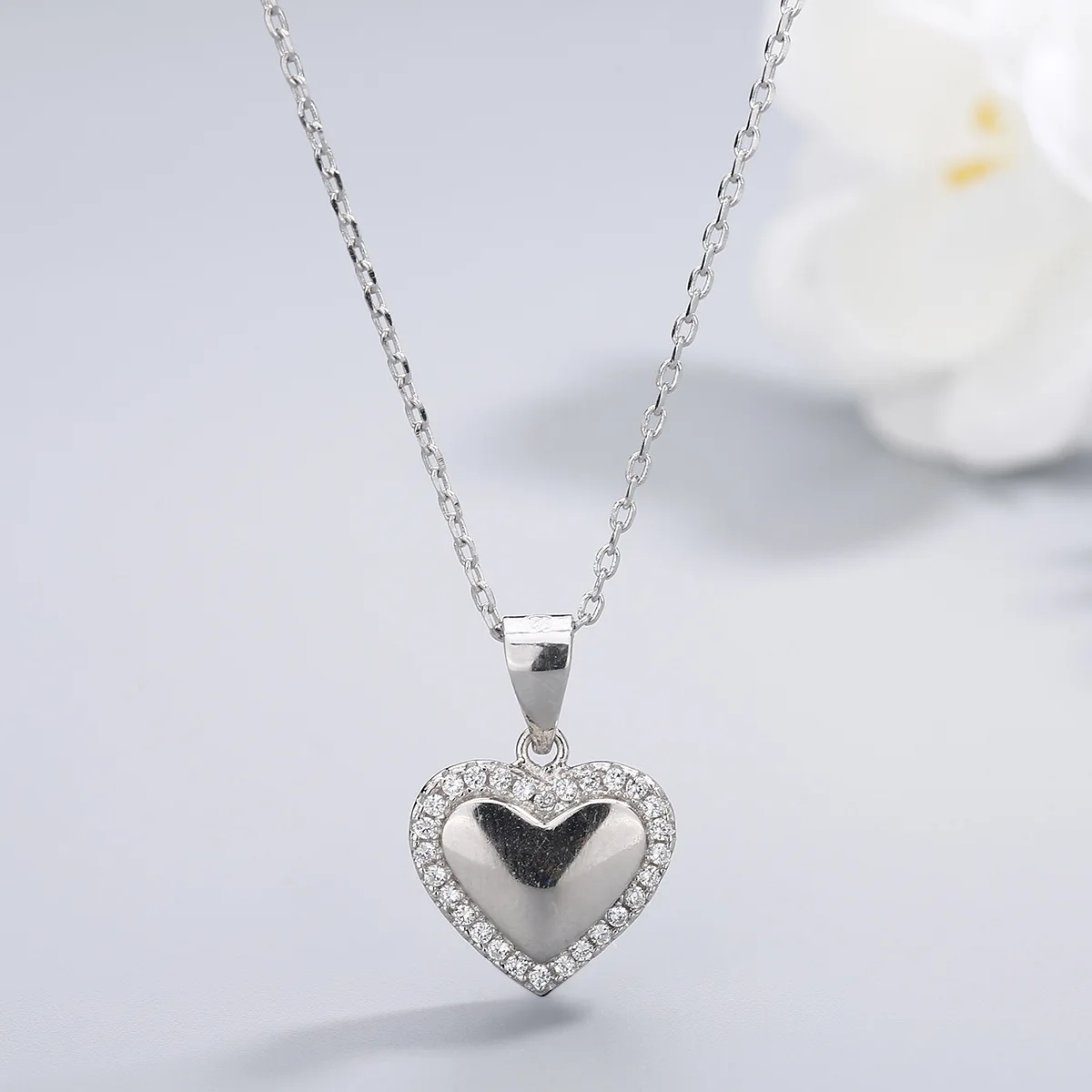 

Sterling 925 Silver Necklace with Love Full Zircon Pendant,Simple Sweet Style with High Quality Necklace for Women