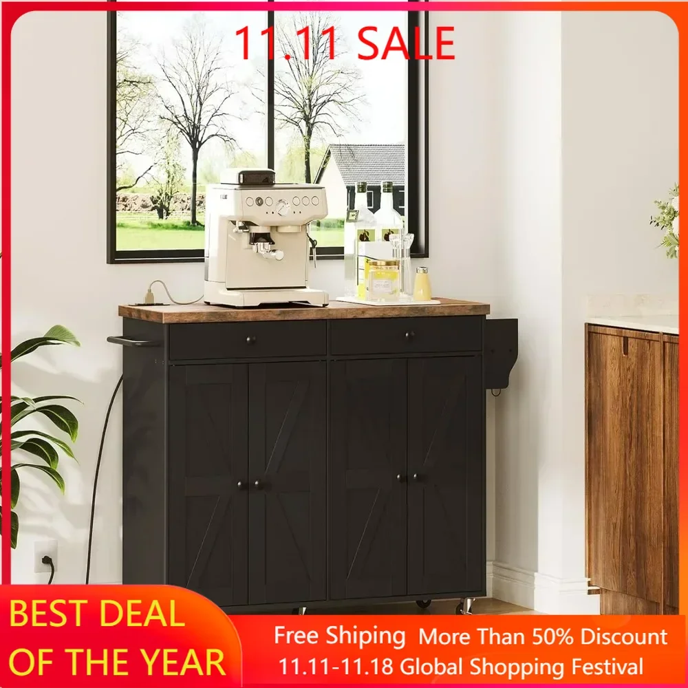 Kitchen Island with Charging Station, Rolling Kitchen Island with Storage, Cart Spice Rack and Hooks