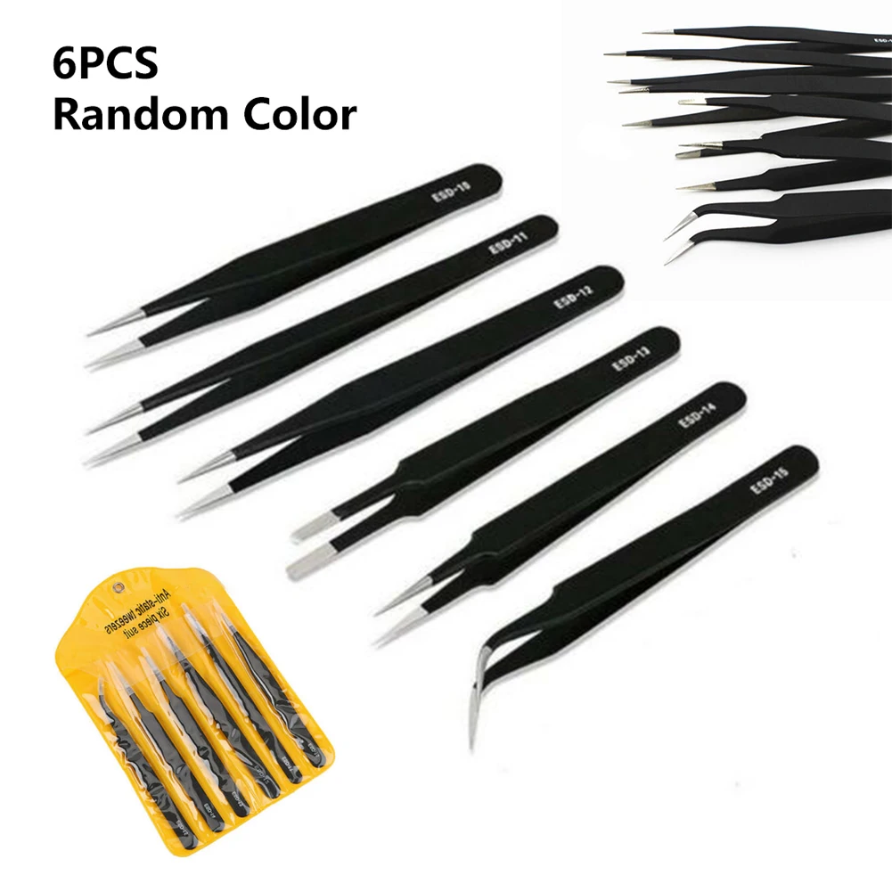 Premium Stainless Steel Anti Static Tweezers Kit 6pcs Maintenance Tool Set for Precision Work and Jewelry Making