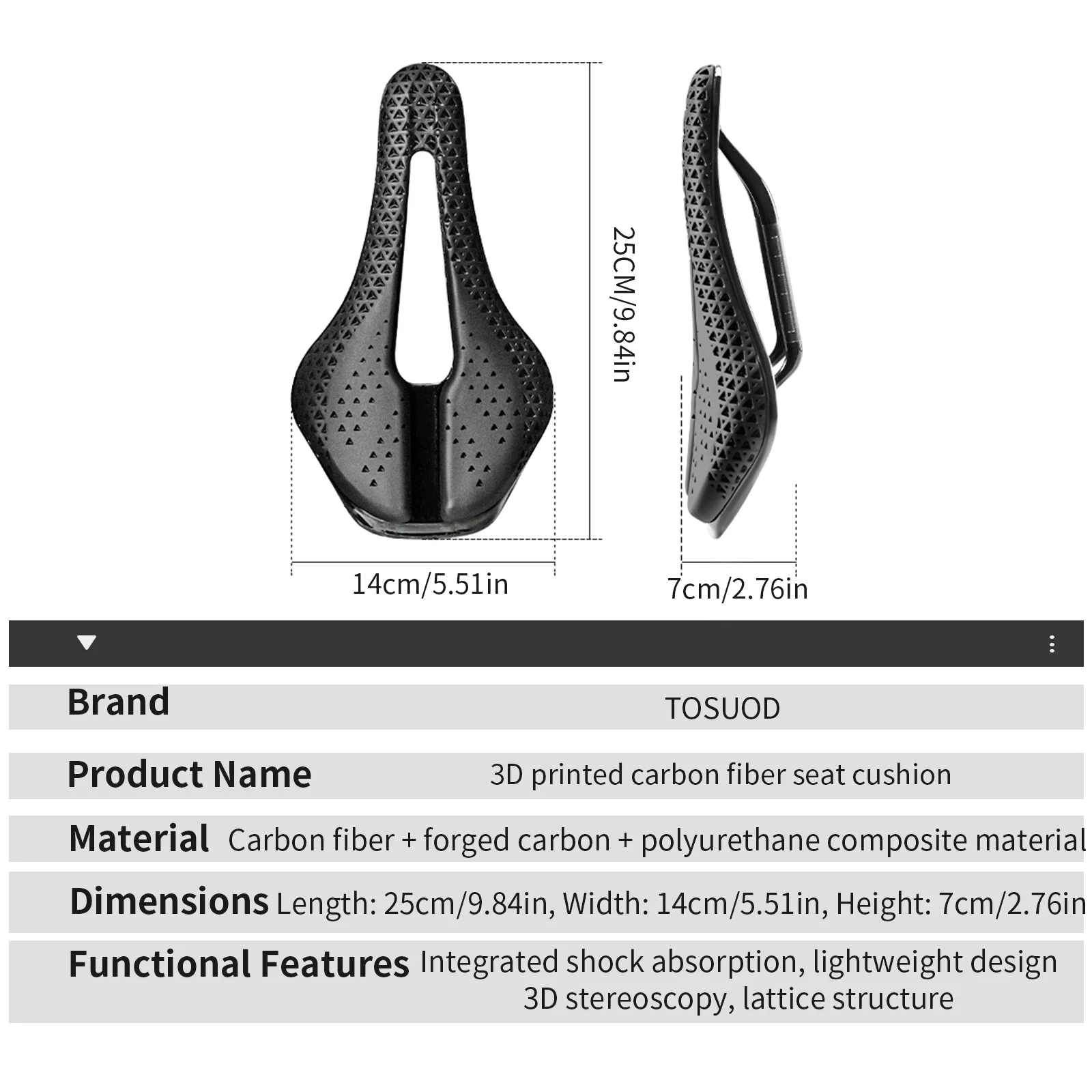 TOSUOD 3D Printed Carbon Fiber Ultralight Hollow Bicycle Saddle Racing - Image 6