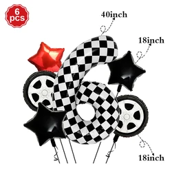 Racing Party Racetrack Floor Runner with Checkered Flag Balloons - Kids Race Car Birthday Decor (6pcs)