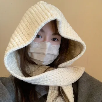 Winter Knitted Wool Balaclava Scarf Hat Women Lady One Piece Neck Warmer Earmuffs Cap Outdoor Windproof Hooded Beanies Bonnet