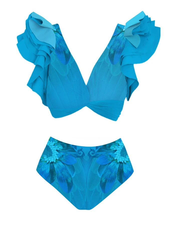 Blue Bright Print Fashion V-neck Lace Pleats Seaside Resort Symmetrical Two-piece Bikini And Cover Up 2023 Summer Women Newest