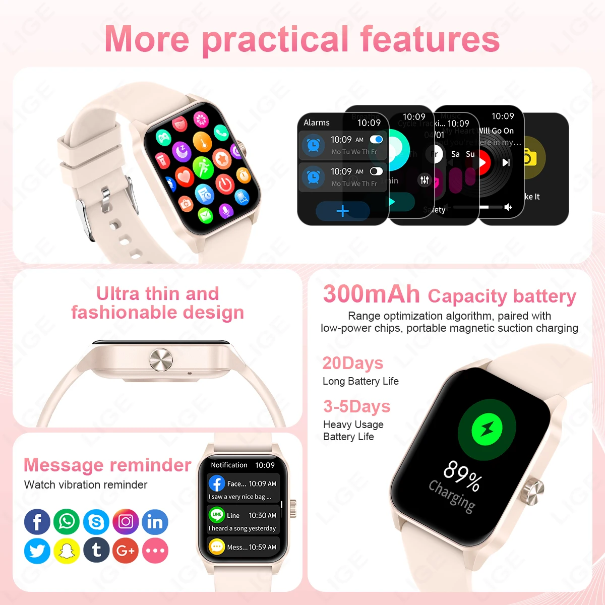 LIGE New Smartwatch Women Bluetooth Call AI Voice Assistant 1.85" HD Display Watch For Andrio IOS Health Sport Smart Watch Women