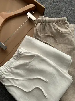 Lightweight Loose Fit Linen Wide Leg Pants Women's Casual Elastic Waist Drawstring Loose Comfortable Breathable Long Trousers