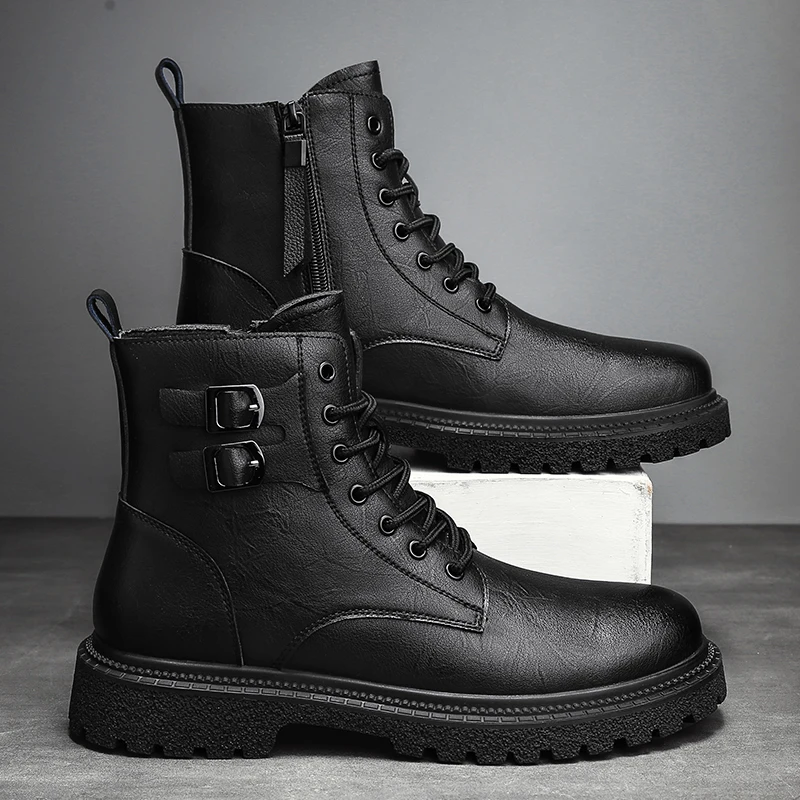 Mens Ankle Boots Winter Hiking Motorcycle Boots Casual Fashion Low-heeled Genuine Leather High Top Black Warm Cotton Shoes
