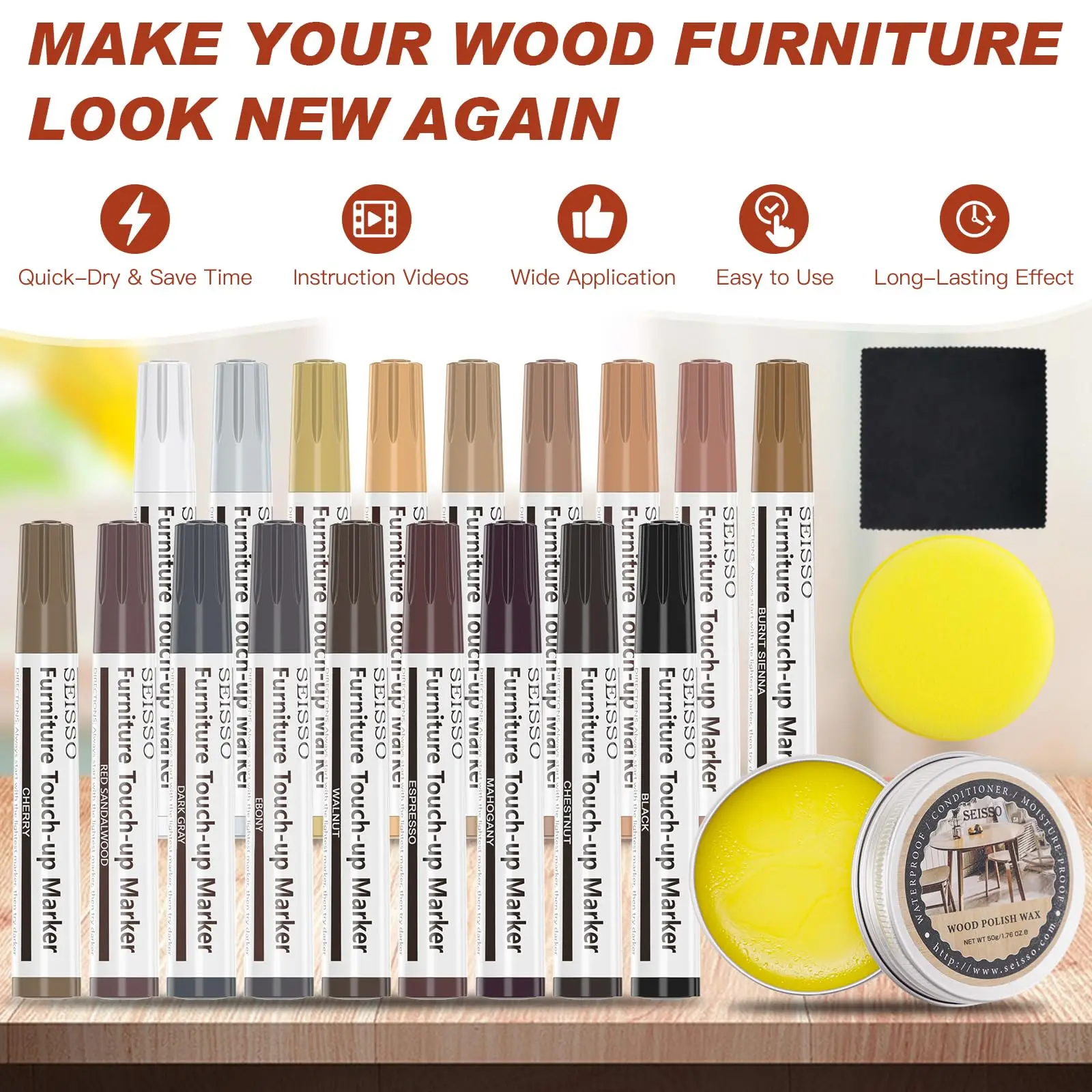 18 Colors Furniture Repair Kit Touch Up Markers with Wood Polish Wax Restore Finish Scratches Stains Tables Cabinet Floors