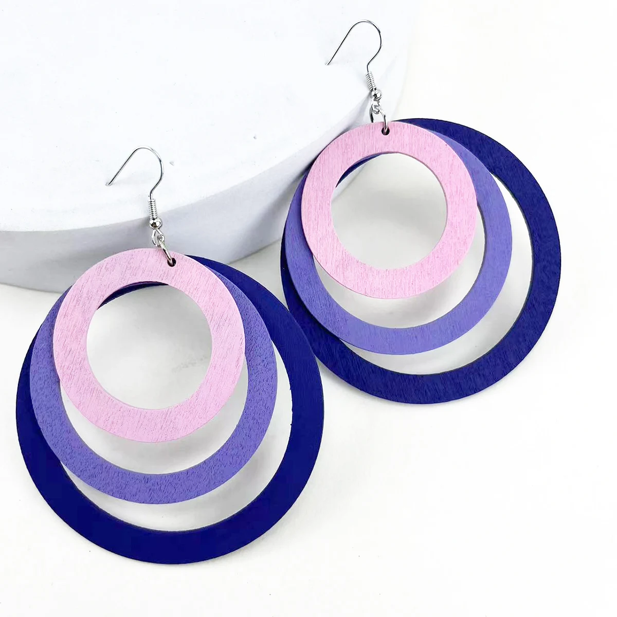 Многослойные градиентные цветные деревянные круглые Висячие серьги, модные женские серьги, украшения, подарок, наушники
