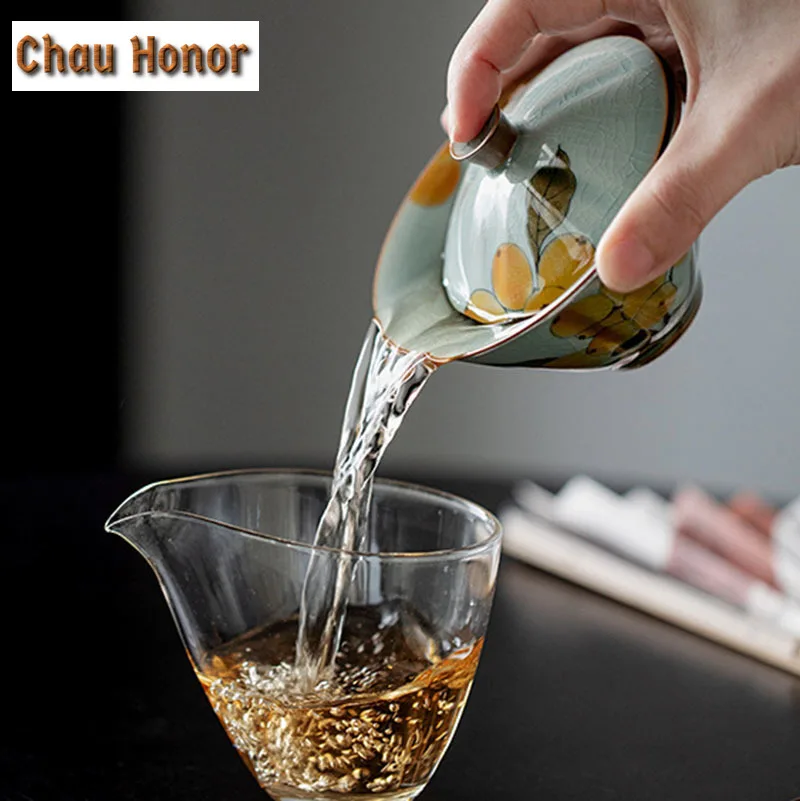 100ml Boutique Borneol Glaze Ceramic Tea Tureen Pure Hand-painted Loquat Art Sancai Covered Bowl Tea Maker Gaiwan Kung Fu Teaset