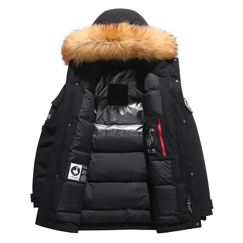 Winter Down Jacket Men's Lined White Duck Down Hooded Fur Collar Jacket Casual Fashion Thick Warm Embroidered Design Parka