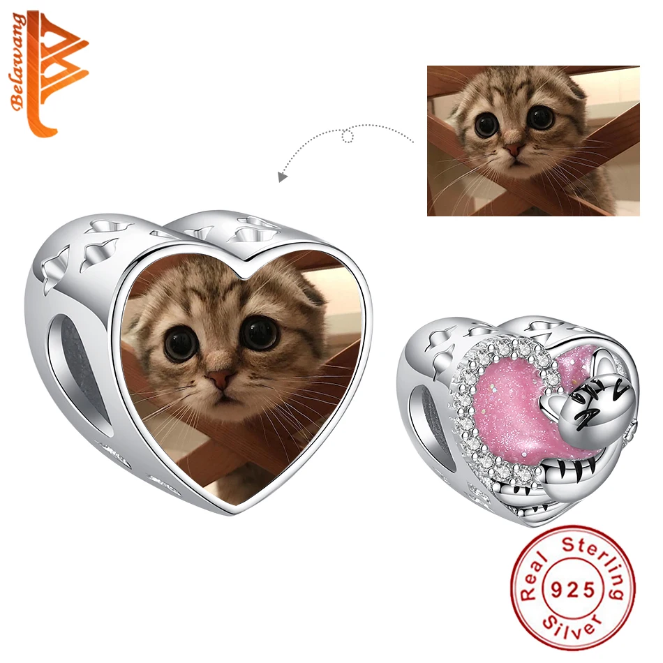 

BELAWANG 100% 925 Sterling Silver Pink Enamel Cute Cat Heart Beads with CZ Custom Photo Charms Fit Bracelet Women DIY Jewelry