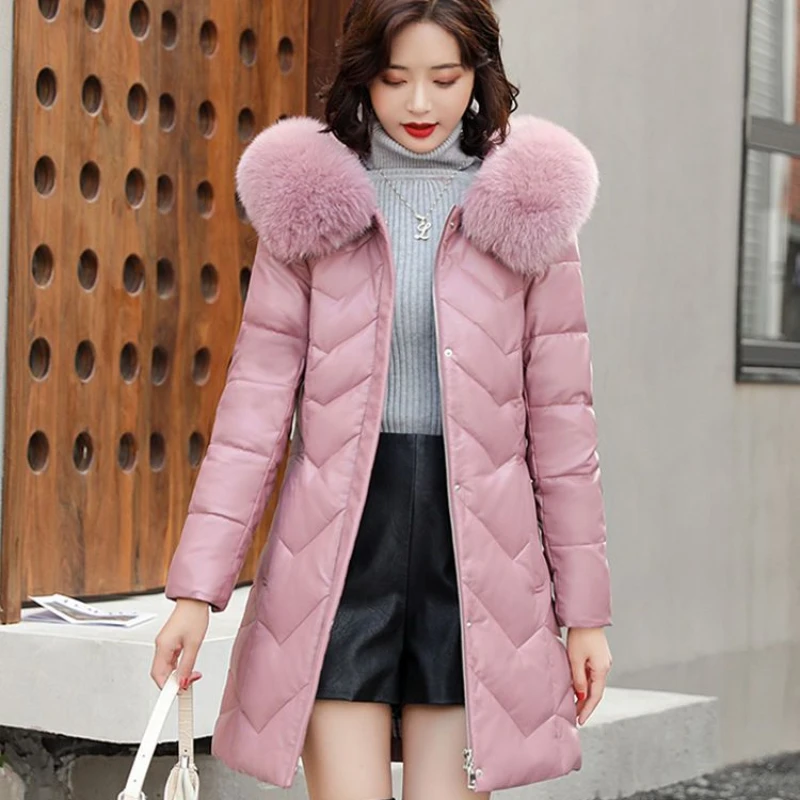 2023 Winter New Women down Jacket Mid length version Slim-Fit Coat Thickened Warm Leather outwear Fox Fur Collar Hooded outcoat