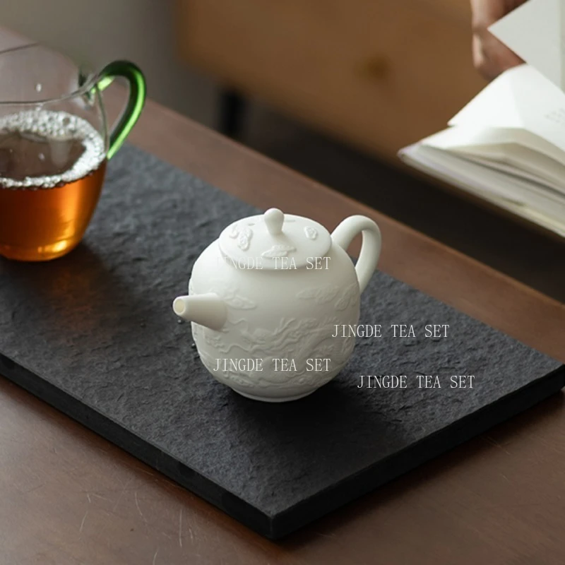 Chinese Style Sheep Fat Teapot Embossed Dragon and Phoenix Teapot with Filter Holes Ceramic Kung Fu Tea Set Tea Infuser