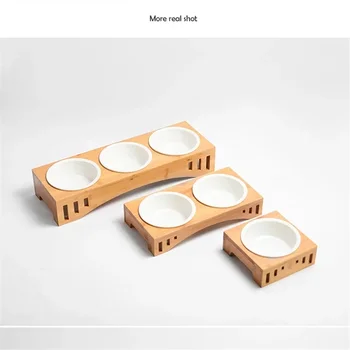 Fashion Pet Supplies Dog Bowl Bamboo Holder Cat Feeder Ceramic Dog Double Bowls Stainless Steel Puppy Feeder Detachable Pet Bowl