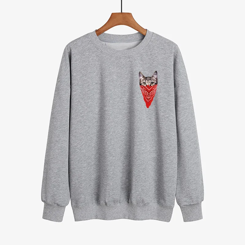 YRYT 2023 Autumn and Winter New Women's Chest Cute Cat Fashion Simple Print Loose Plus Fleece Sweater Hoodie
