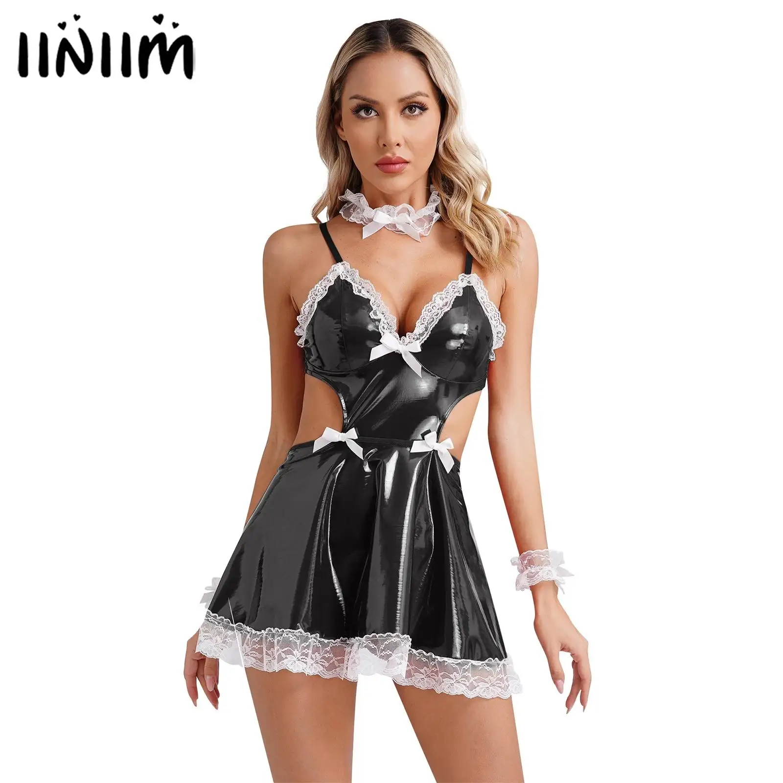 

Womens Patent Leather Sexy Naughty Maid Cosplay Dress with T-Back Thong Lace Choker Cuffs Maid Lolita Hot Sexy Roleplay Clothing