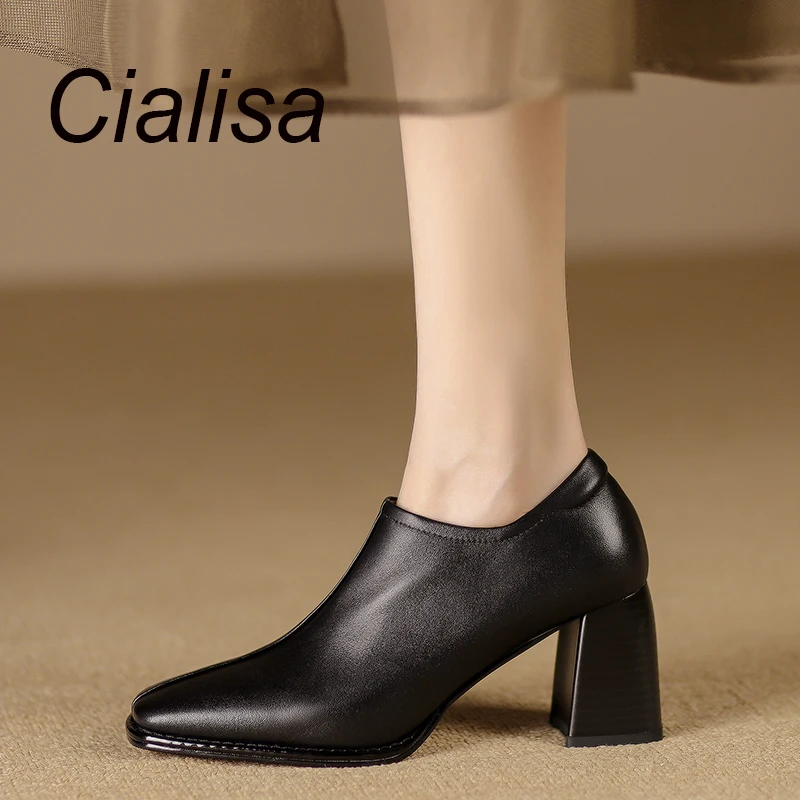 

Cialisa Genuine Leather Shoes For Women 2023 Autumn High Quality Pump Handmade Square Toe Vintage Zip High Heel Lady Footwear 40