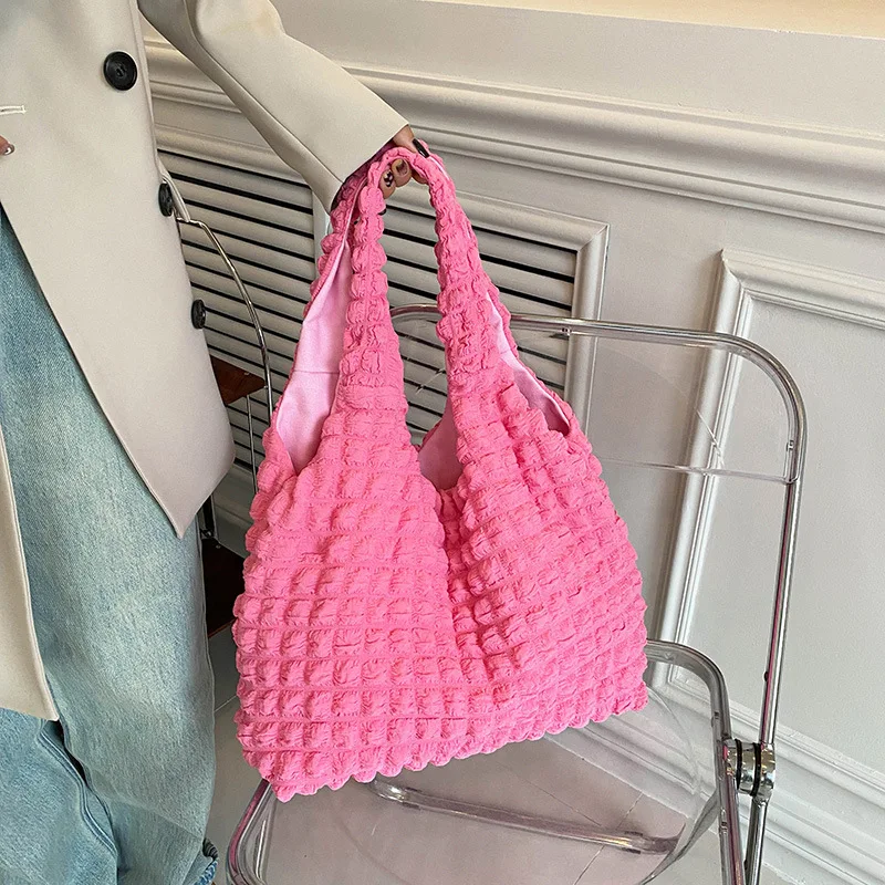 2024 New Solid Color Pleated Plaid Shoulder Bag Simple Temperament Commute Handbag Portable Bucket Bags for Women