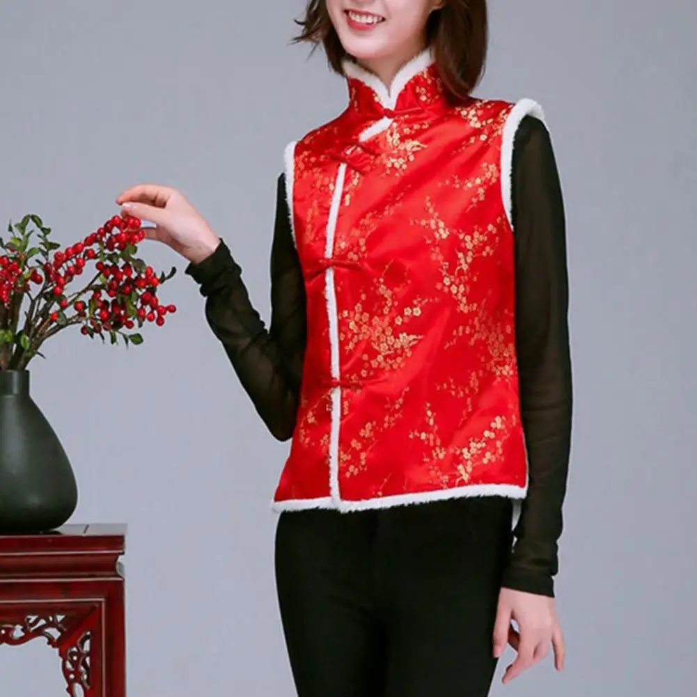 

Soft Waistcoat Festive Chinese New Year Women's Winter Vest Traditional Stand Collar Neck Protection Sleeveless Single-breasted