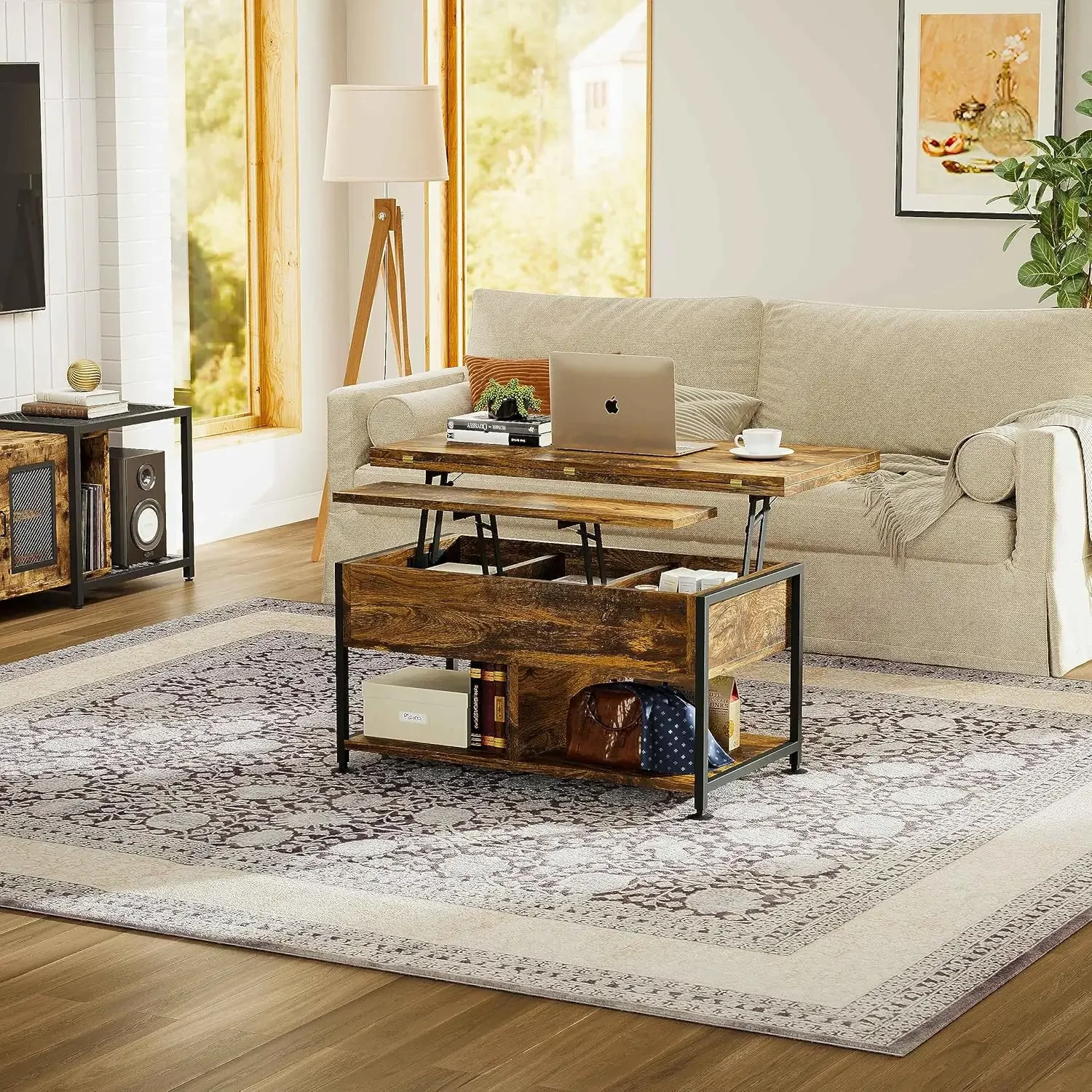 40" Lift Top Coffee Table ，4 in 1 Convertible Dining Table with Hidden Compartment Home Office, Rustic Brown 5