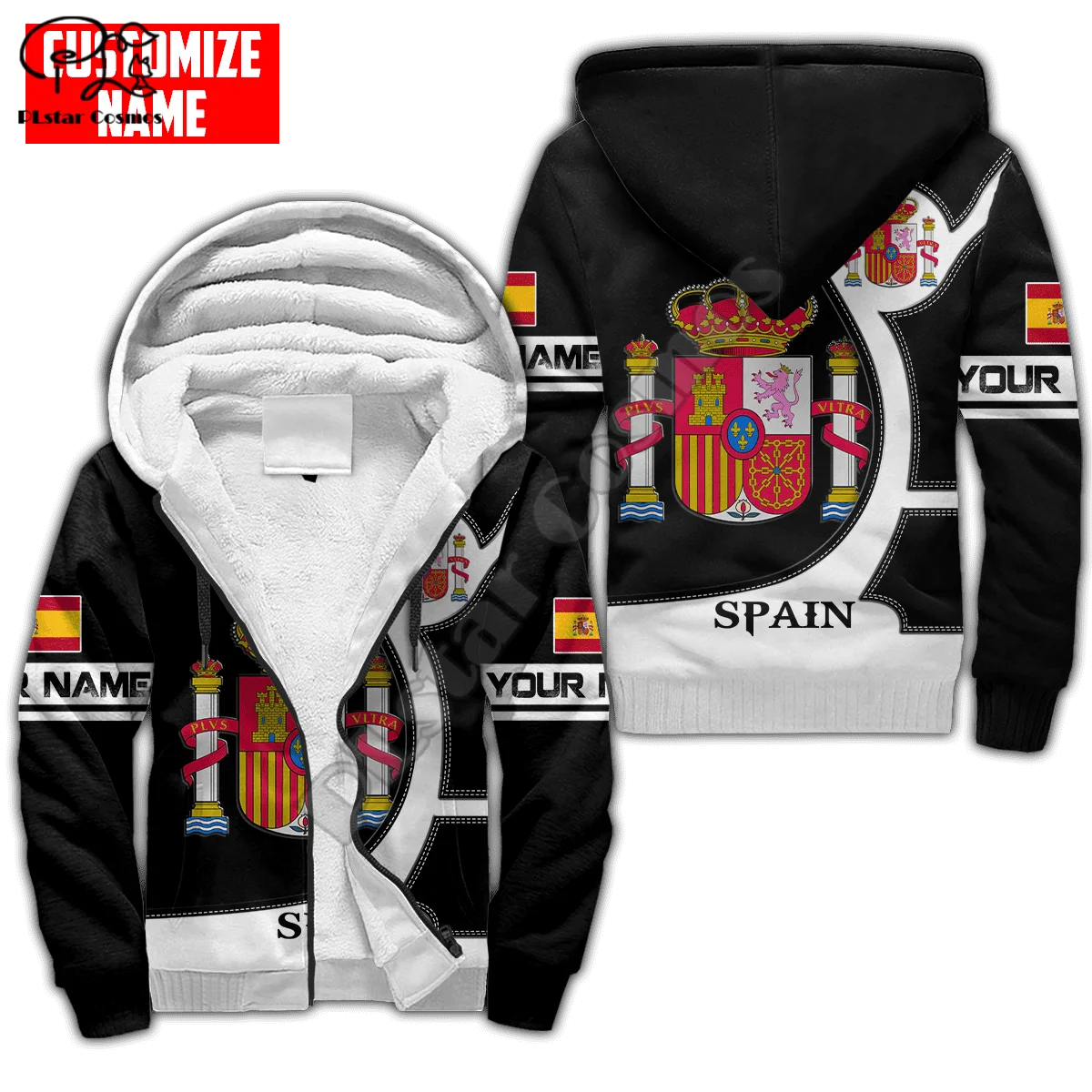 PLstar Cosmos Spain National Emblem 3D Printed Winter Clothing Casual Warm Hood Thick Coat Zipper Man Fleece Hoodies Jacket S24