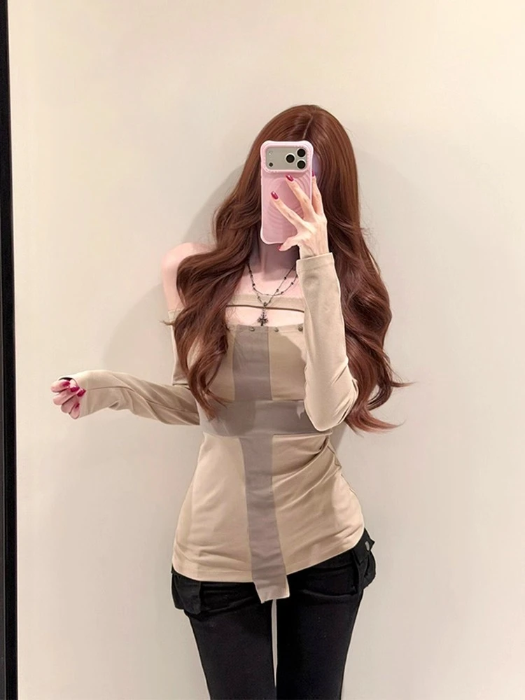 Erwofeina Patchwork Cross Graphic T Shirts Women Clothes Long Sleeve 2000s Clothes Y2k Hollow Out Tees Female Spring Tops Autumn 4