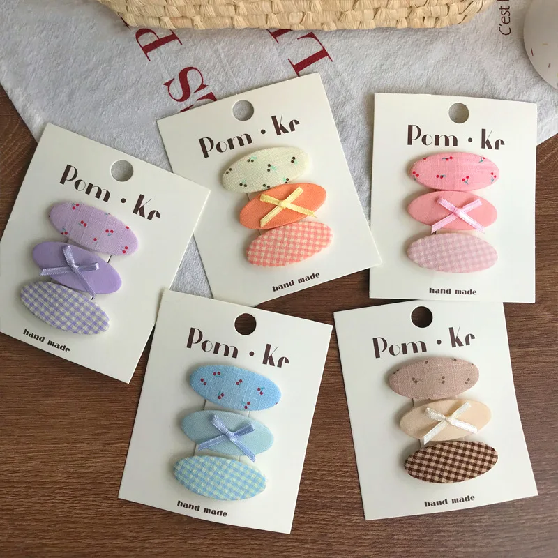 3pcs Cute Oval Fabric Plaid Floral Hairpin Children's Fashion Versatile Side Bangs Broken Hair Clip Hair Accessories
