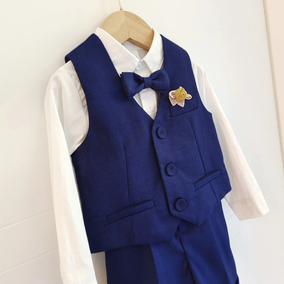 Baby Boys Clothing Set Wedding Suit Infant Baptism Gentleman Party Gift Blue Waistcoat With Suspender Short Christening Sets