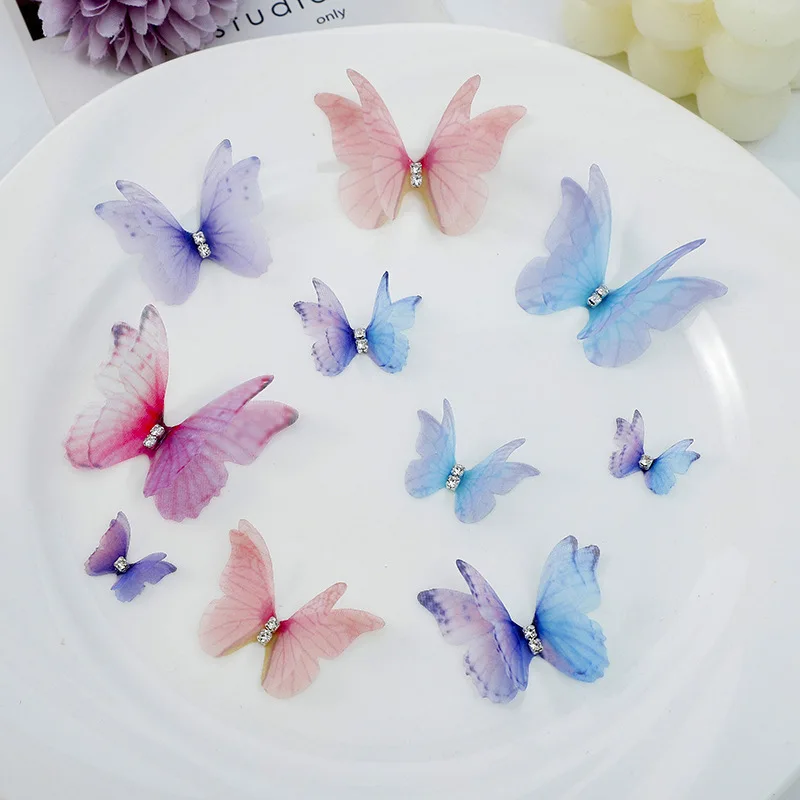 Double-Layer Accessories Butterfly With Diamond Thin Gauze Women's Headdress Clothing Accessories Mesh Small Butterfly 50PCS, craft supplies