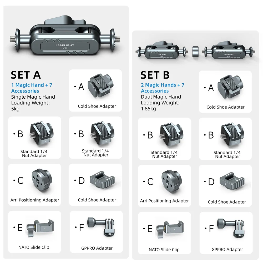 리프라이트 업그레이드 메탈 매직암 W 더블 볼 헤드 360 1/4'' 나사 연장 마운트 (DSLR 카메라 모니터 비디오 마이크 조명 삼각대용)