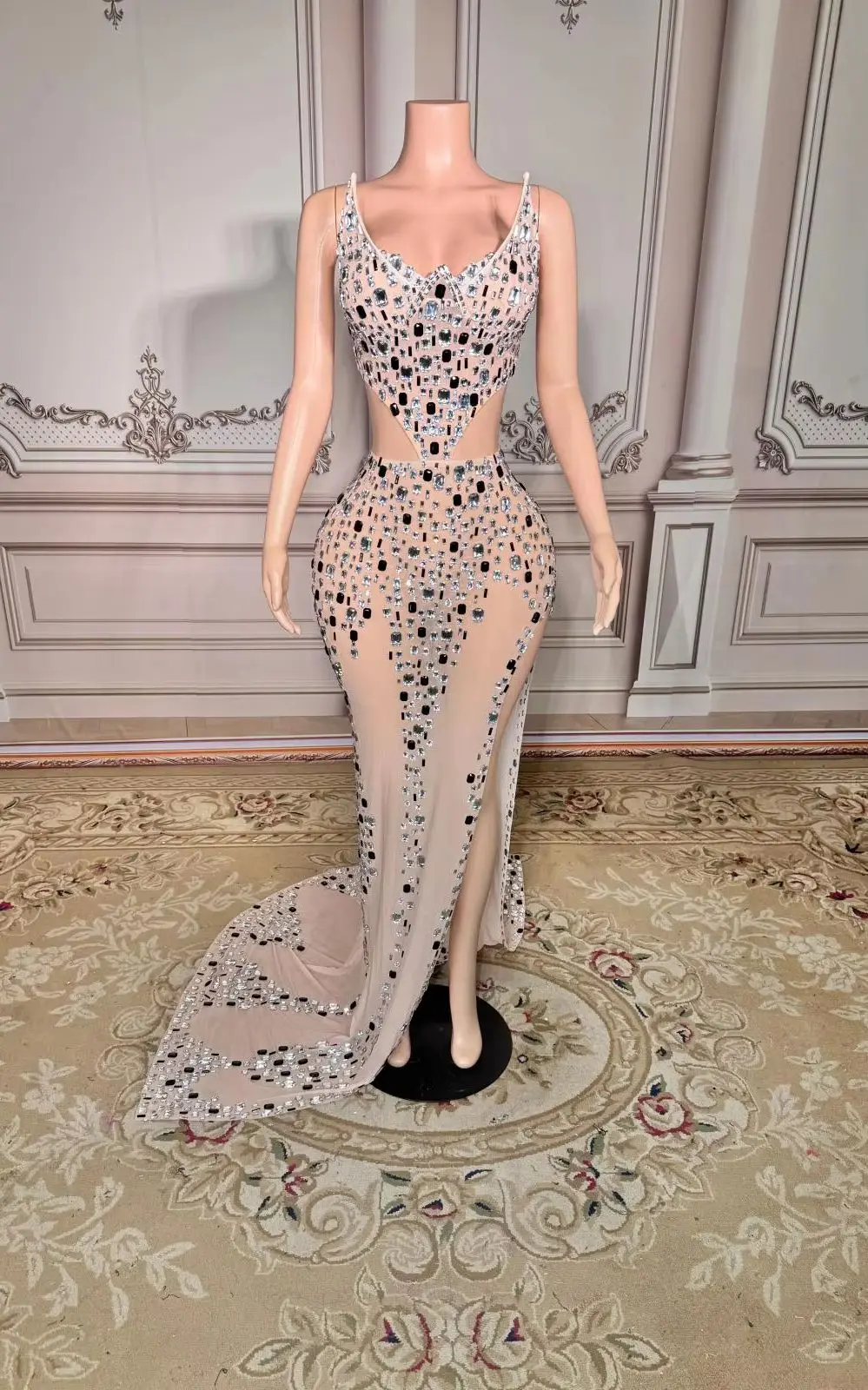 knee length dresses for ladies Divinity Long Flocked Mesh Dress With Open Back | Noir Handmade