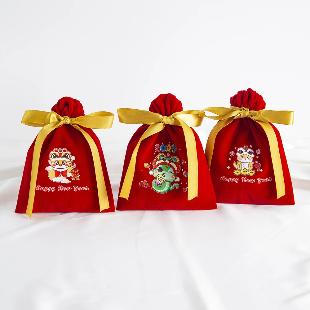 10 Stücke Schöne Rote Schmuck Kordelzug Neujahr Geschenk Verpackung Beutel Süßigkeiten Melone Samen Erdnüsse Organizer Ohrringe Ring Tasche – Detail 24