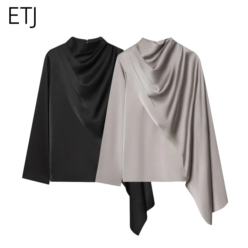 ETJ 2026 Spring new women's elegant fashion shawl design satin drape top asymmetric wrinkled long-sleeved shirt