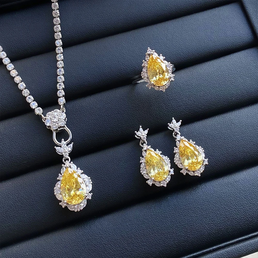 

Luxury Dinner Jewelry Set Women Ice Flower Yellow Diamond Necklace Water Drop Ring Earrings 5A Zircon Retro Original Design Girl