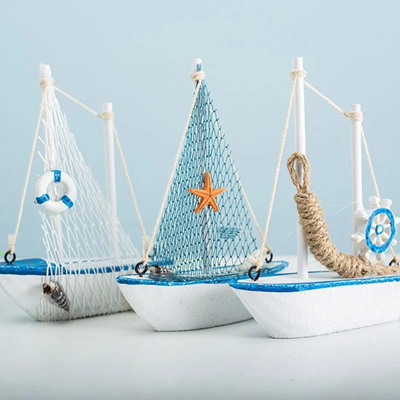 1 pz mini stile mediterraneo marino nautico in legno blu barca a vela nave artigianato in legno ornamenti sala festa decorazione della casa - immagine 5