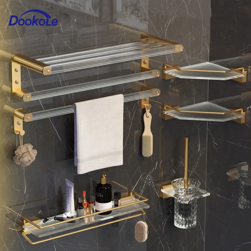 DOOKOLE Bathroom Hardware Set Gold Bath Accessories Wall Mounted Towel Rack Towel Bar Toilet Brush Towel Hooks Paper Holder