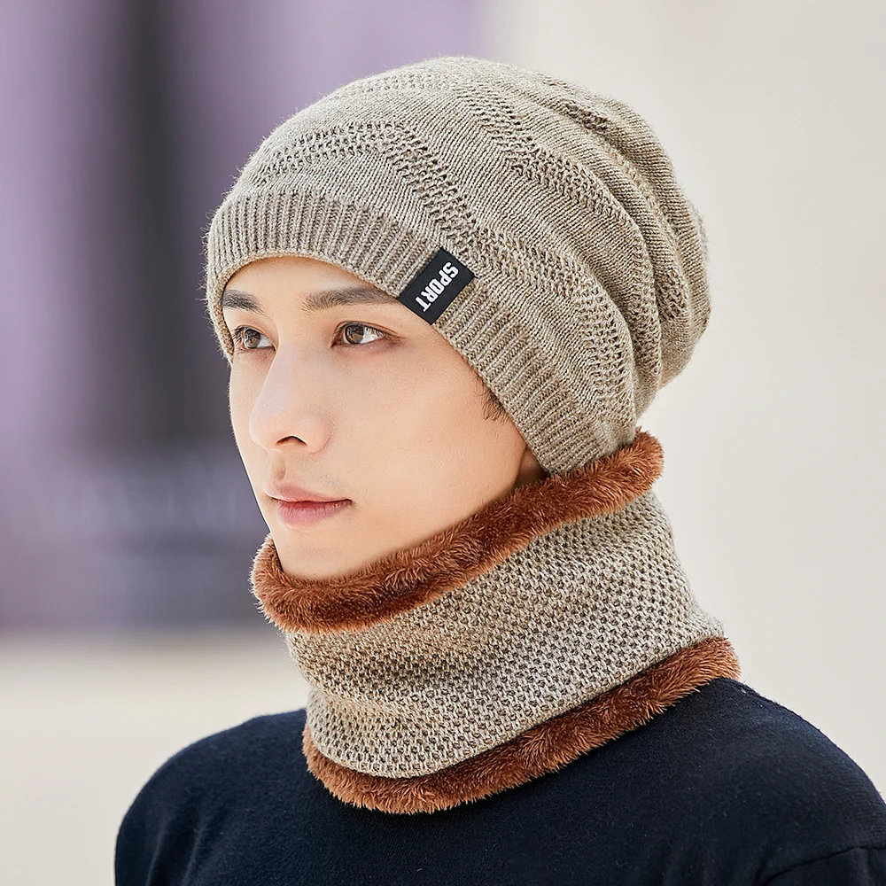 

New Winter Plus Velvet Beanie Hats Scarf Set Outdoor Sports Ski Cap For Men Neck Warm Windproof Riding Wool Knit Hat