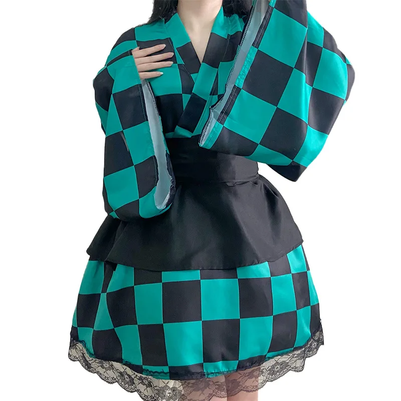 Anime Kamado Tanjirou Kamado Nezuko Cosplay Costume Sexy Kimono Gown Halloween Lady Sweet Lace Maid Outfit Uniform