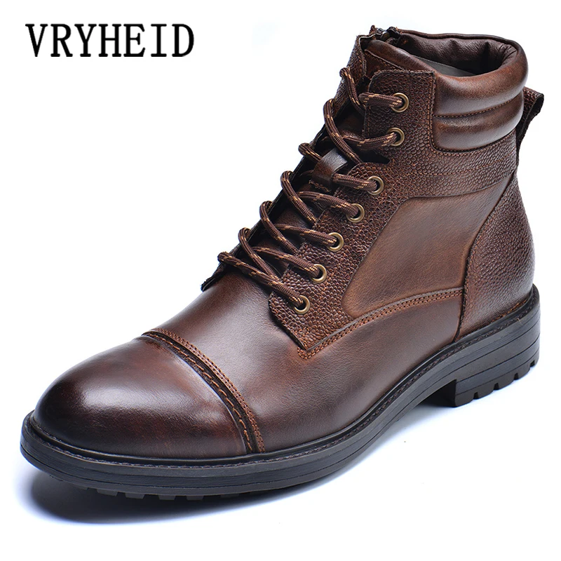 VRYHEID High Quality Men Boots Genuine Leather Autumn Winter High Top Shoes Business Casual British Ankle Boots Big Size 7.5-13 autumn winter women shoes ankle boots woman british style pu leather lace up female platform martin boots high quality 2020