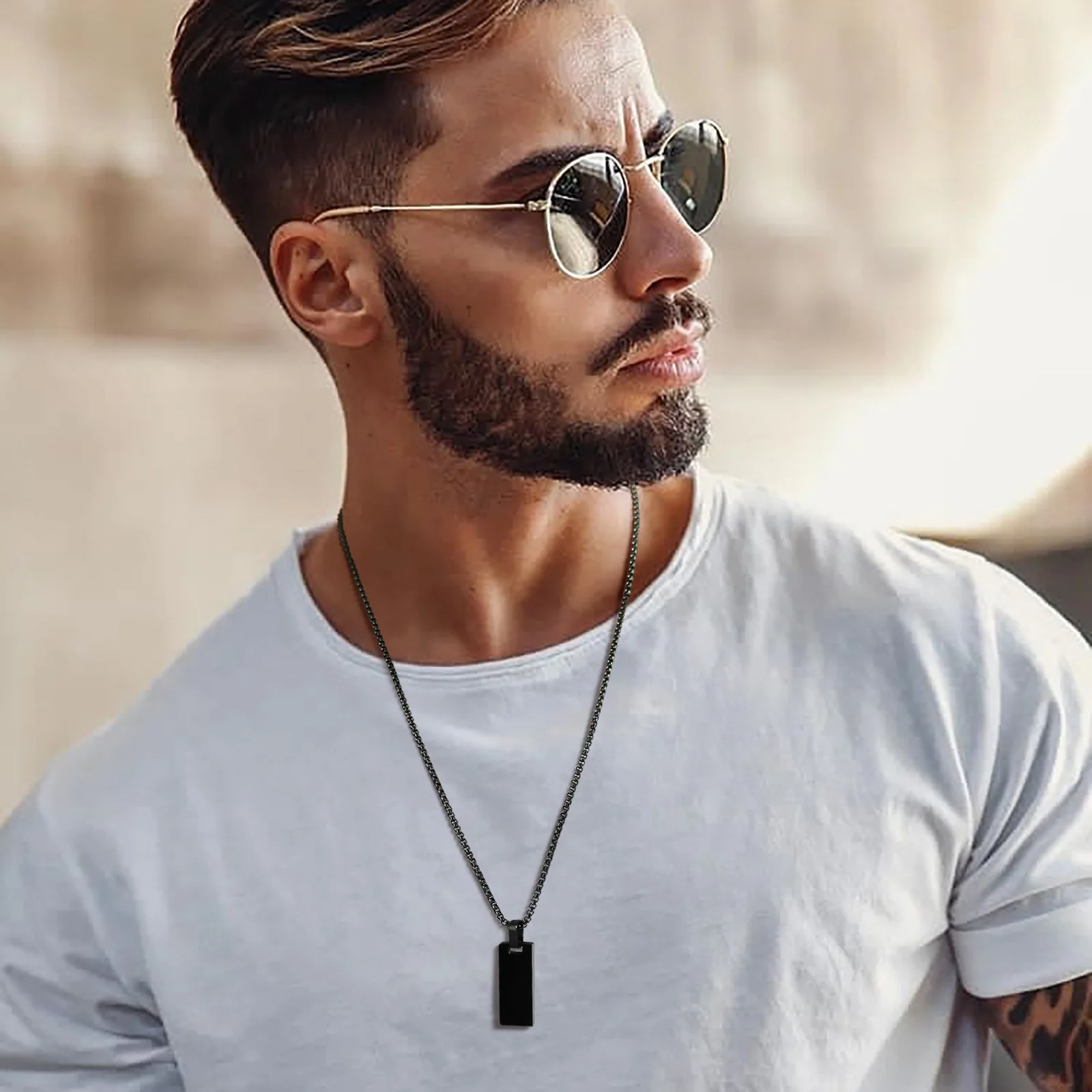 Black Stainless Steel Geometric Rectangle Pendant Necklace