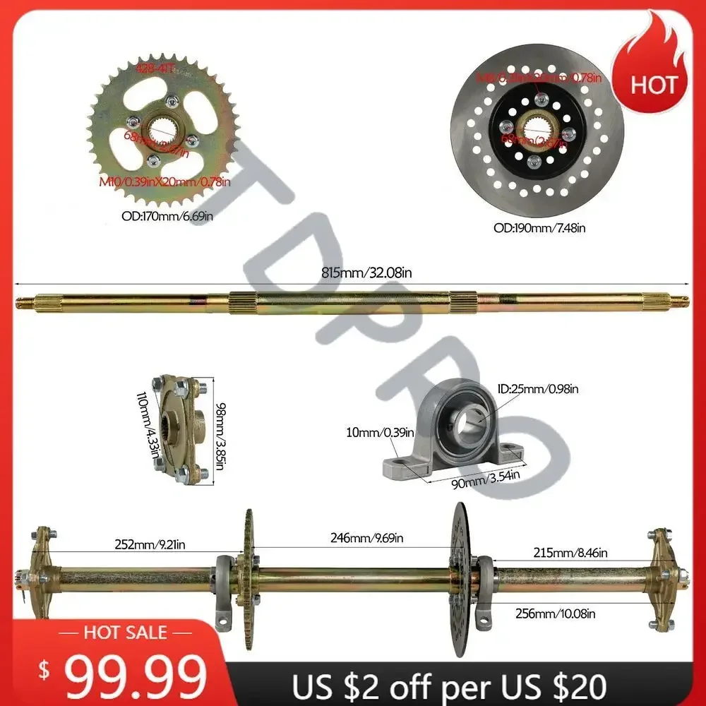 TDPRO 32" Go Kart Rear Axle Kit+ Disc Brake Rotor + 428 Sprocket for ATV Quad go kart Mini Buggy for 8" 10" Tires