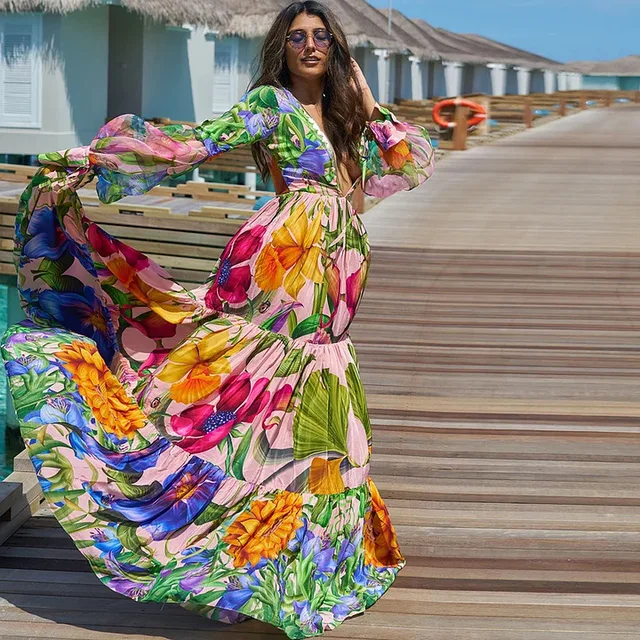 Women Swimwear V-neck long-sleeved Swimsuit Two-piece set Summer Print Bodysuit Bikini Set Beach Style Wear Maxi Dress Skirt 2