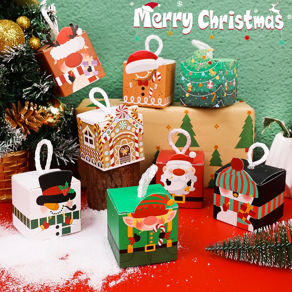 

5/1PCS Christmas Gift Box Cartoon White Cardboard Gift Box Portable Pull Rope Candy Cookie Packing Box Home Party Decor Supplies